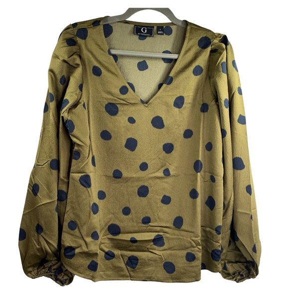 G by Giuliana V-Neck Puff Long Sleeve Blouse Size Small Olive & Black Dot NWT - Picture 1 of 11